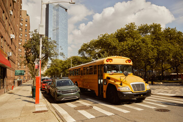 Fototapeta premium cars and yellow school bus on crosswalk near trees with fall foliage in new york city, autumn scene