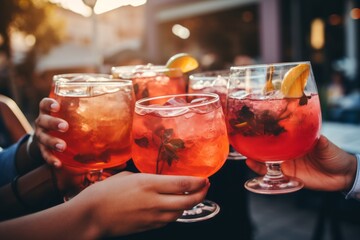 People clinking glasses of fresh summer refreshing orange beverage with alcohol and oranges in the sunlight outside. Get together Party vibe