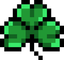 green clover pixel art, green plant logo. Isolated vector illustration. Game assets 8-bit sprite. Design for stickers, web, mobile app. St. Patrick's day symbols
