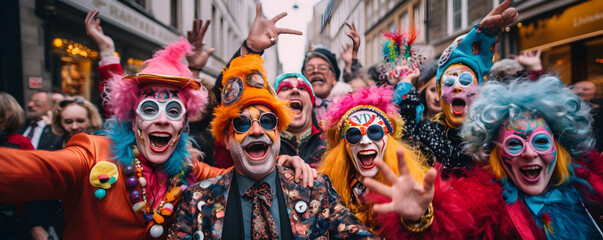 des gens déguisés se prennent en photo dans la rue pendant un carnaval