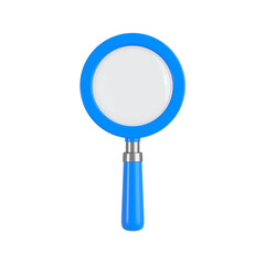 Blue magnifying glass. Transparent loupe search icon for finding, reading, research, analysis or discovery concept. 3d rendering