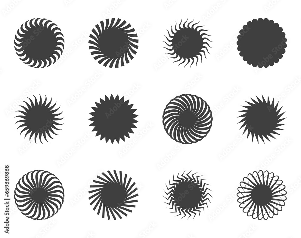 Poster spiral and swirl motion twisting circles design element set.