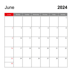 Wall calendar template for June 2024. Holiday and event planner, week starts on Sunday.