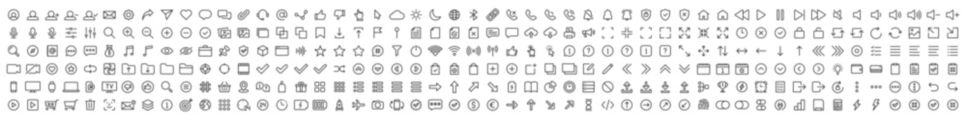 Set of 300 Interface ui, ux web icons in line style. User, profile, message, mobile app, document file, social media, button, home, chat, arrow, collection. Vector illustration.