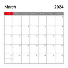 Wall calendar template for March 2024. Holiday and event planner, week starts on Sunday.