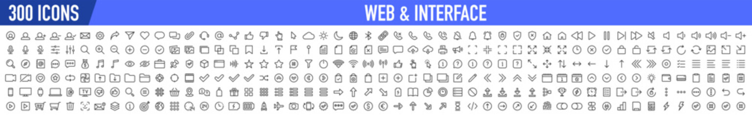 Set of 300 Interface ui, ux web icons in line style. User, profile, message, mobile app, document file, social media, button, home, chat, arrow, collection. Vector illustration. - obrazy, fototapety, plakaty