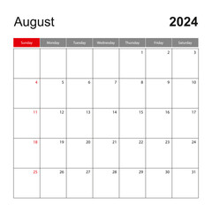 Wall calendar template for August 2024. Holiday and event planner, week starts on Sunday.