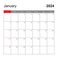 Wall calendar template for January 2024. Holiday and event planner, week starts on Sunday.