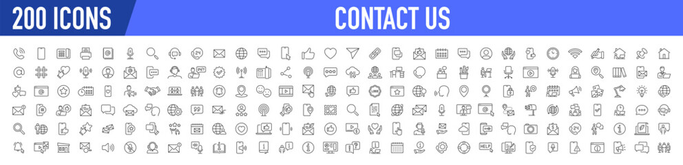 Set of 200 Contact Us web icons in line style. Web and mobile icon. Chat, support, message, phone. Vector illustration.