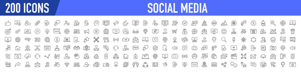 Set of 200 Social media and web icons in line style. Data analytics, blogging, seo, digital marketing, management, message, phone, collection. Vector illustration.