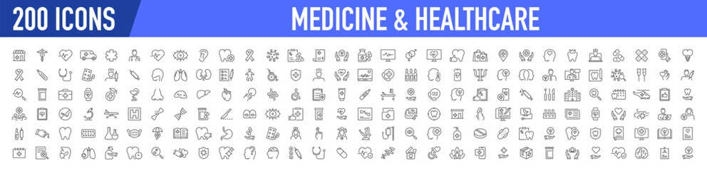Set of 200 Medical and Health web icons in line style. Medicine and Health Care, RX, infographic. Vector illustration.