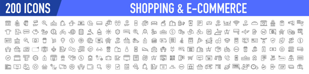Set of 200 Shopping web icons in line style. Mobile Shop, Digital marketing, Bank Card, Gifts. Vector illustration.