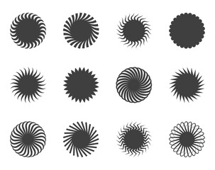 Spiral and swirl motion twisting circles design element set.