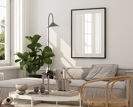 Frame mockup, ISO A paper size, reflective glass, mockup poster on the wall of living room. Interior mockup. Apartment background. Modern interior design. 3D render
