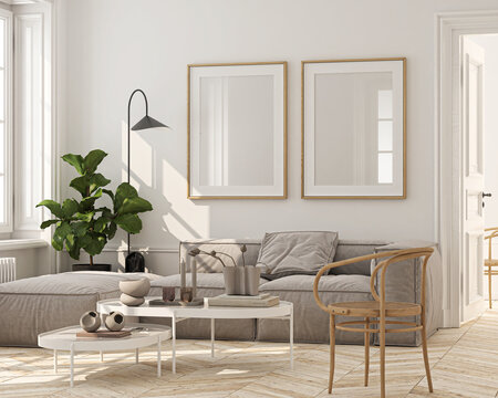 Frame mockup, ISO A paper size, reflective glass, mockup poster on the wall of living room. Interior mockup. Apartment background. Modern interior design. 3D render
