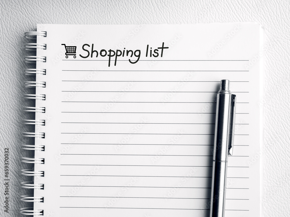 Aufkleber shopping list, handwriting note text on empty notebook page. template white paper sheet with line an