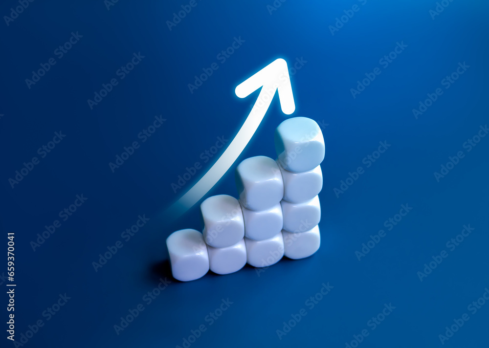 Poster big glowing rising arrow on white cube blocks build as business chart steps isolated on blue backgro
