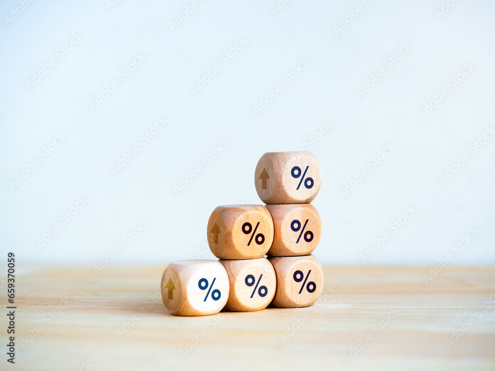 Poster percentage icon and up arrow on wooden cube blocks build as business chart steps isolated on white b