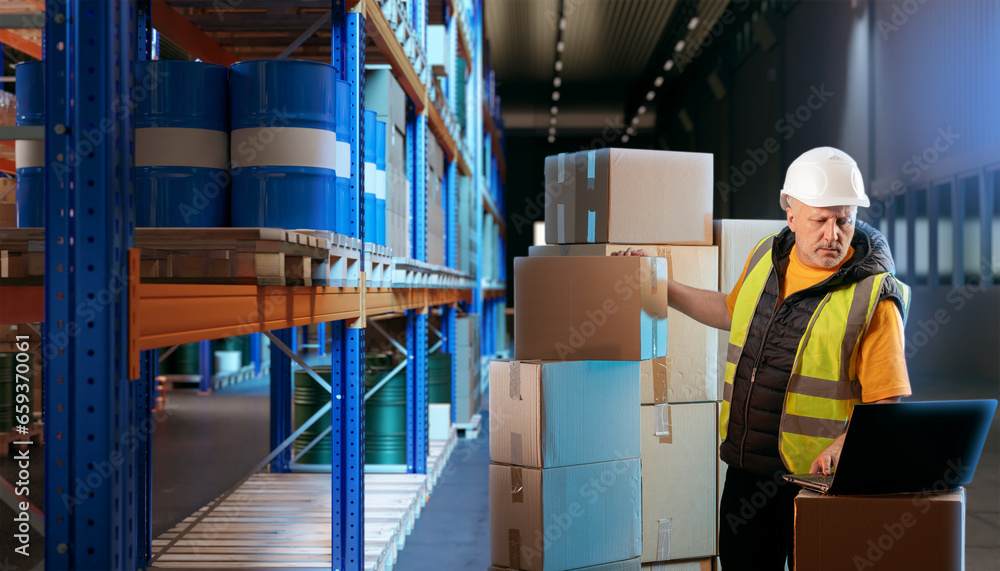 Poster man with boxes in warehouse. loader keeps records of goods in storage. warehouse manager with laptop