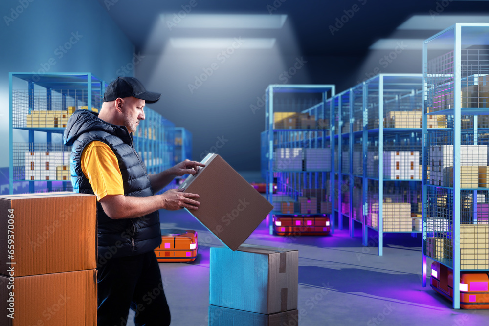 Aufkleber man works in warehouse. manager checks operation storage robots. people and machines do work warehou