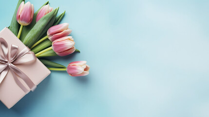 Tulips and a gift on a pastel blue background
