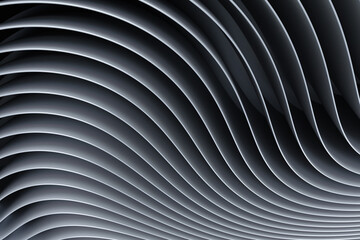 Background with wavy lines. Black backdrop. Stylish background for web page design. Abstract wallpaper. 3d background with wavy lines. Parallel stripes on black. Texture, pattern. 3d image