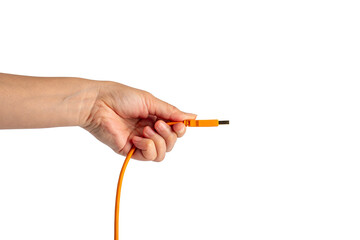 Hand and usb cable isolated on transparent background 