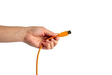Hand and usb cable isolated on transparent background 