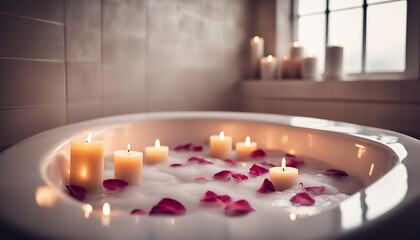 Candles in a spa bathtub. Relaxing soap suds soak. Romantic bath - obrazy, fototapety, plakaty