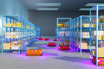 AMR move racks across storage. Warehouse technologies. Autonomous mobile robot. Automated warehouse...
