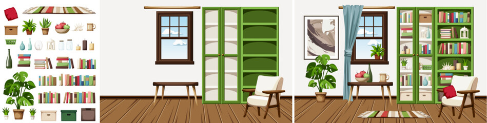 Living room interior design with green bookcases, a white armchair, a table, a window, and monstera houseplant. Cozy room interior design. Home decoration before and after. Interior constructor