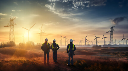 Fototapeta na wymiar environmental workers in a wind power generation field, collaborating on sustainable energy projects, maintaining and monitoring wind turbines to support green energy initiatives