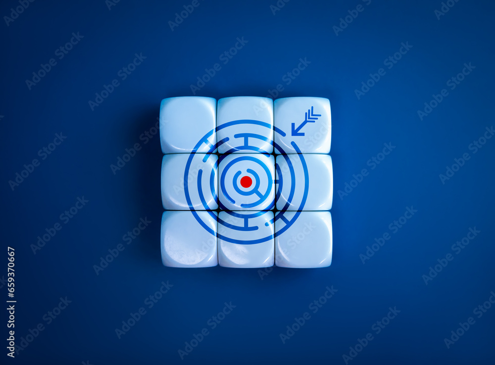 Poster target goal icon as a maze game symbol with arrow on completed white puzzle blocks on blue backgroun