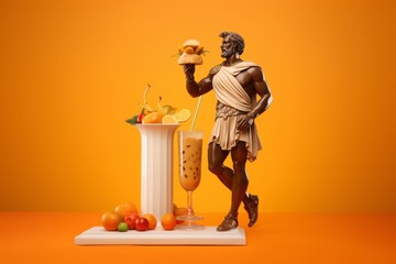 a chocolate miniature greek or roman statue of a male standing next to a fruit milky drink milkshake on an orange background - obrazy, fototapety, plakaty