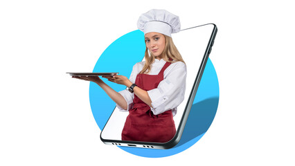Woman chef. Cook in phone screen. Pastry chef with empty tray. Woman in chef uniform. Young lady...
