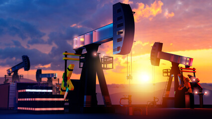 Oil pumps at sunset. Industrial landscape. Mineral deposit. Oil rigs on summer evening. Petroleum...