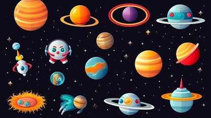 Set of vector space icons. Cartoon things include an astronaut, a planet, a satellite, a rocket, and a comet.