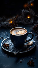 christmas coffee on dark table with decoration