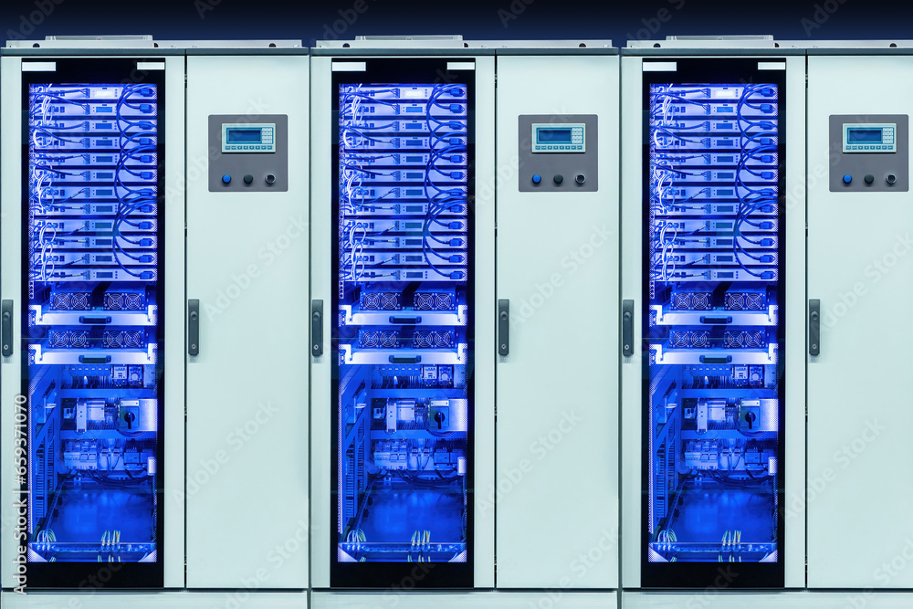 Poster server cabinets with equipment. computer equipment for enterprise. server cabinets with neon glow. a