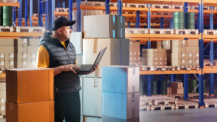 Man works in warehouse. Storekeeper guy is at work. Storage company contractor with laptop. Worker in warehouse building. Concept warehouse software. Man storage manager among cardboard boxes