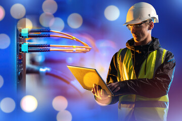 Man system administrator. Production automation specialist. Network equipment near engineer. Router...
