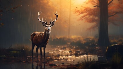 AI generated, autumn forest, rain, dusk, deer, photorealistic