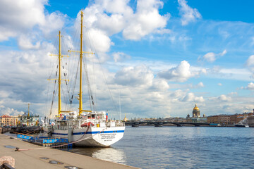 St. Petersburg, Russia - october 5, 2023: Autumn Petersburg. Embankment Lieutenant Schmidt and view of St. Isaac's Cathedral