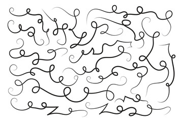 Vintage Filigree Swirls, calligraphy decorative scroll, Fancy Line Flourishes Swirls Elements, vintage curly thin line Text Ornaments, curls text divider flourish Swirl, calligraphic curl lines  - obrazy, fototapety, plakaty