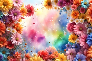 Fototapeta na wymiar 3D rendering of a watercolor-inspired festive background adorned with delicate and cheerful flowers, perfect for adding a touch of elegance and charm to your creative projects.