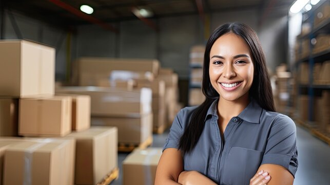 Hispanic female factory worker posing with arms crossed