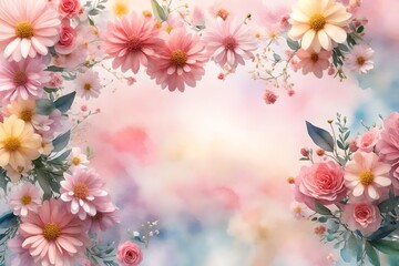 3D rendering of a watercolor-inspired festive background adorned with delicate and cheerful flowers, perfect for adding a touch of elegance and charm to your creative projects.