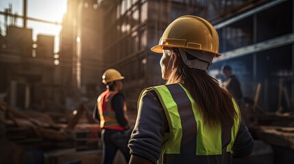 Construction worker in helmet at sunset, back view.