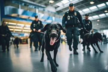 police dogs Searching for explosives at the airport. - obrazy, fototapety, plakaty