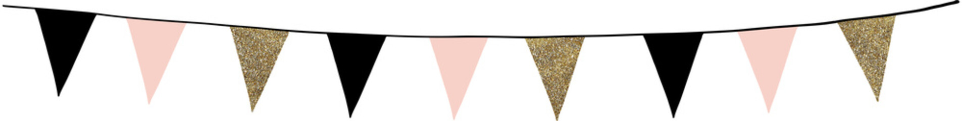 Birthday party decoration. Carnival, New Year garland.  Single string of black, golden, pink flags isolated on white background. Festive frame, web banner. Glitter textile, paper pennants. Illustratio